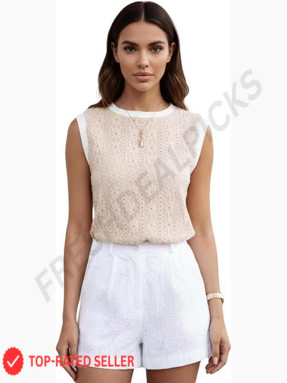 Eyelet Floral Tank Top Sleeveless Summer Boho Chic Casual Round Neck